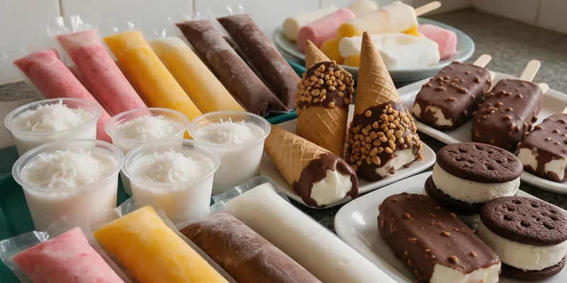 Bolis, helados de coco, conos con chocolate, paletas y sándwiches de helado