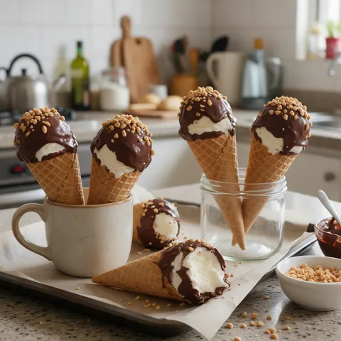Conos bañados en chocolate con maní