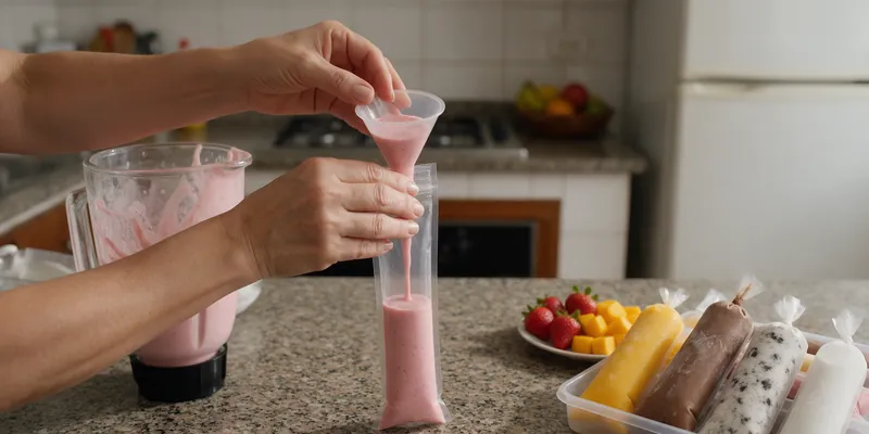 Manos llenando un boli de fresa con crema con un embudo
