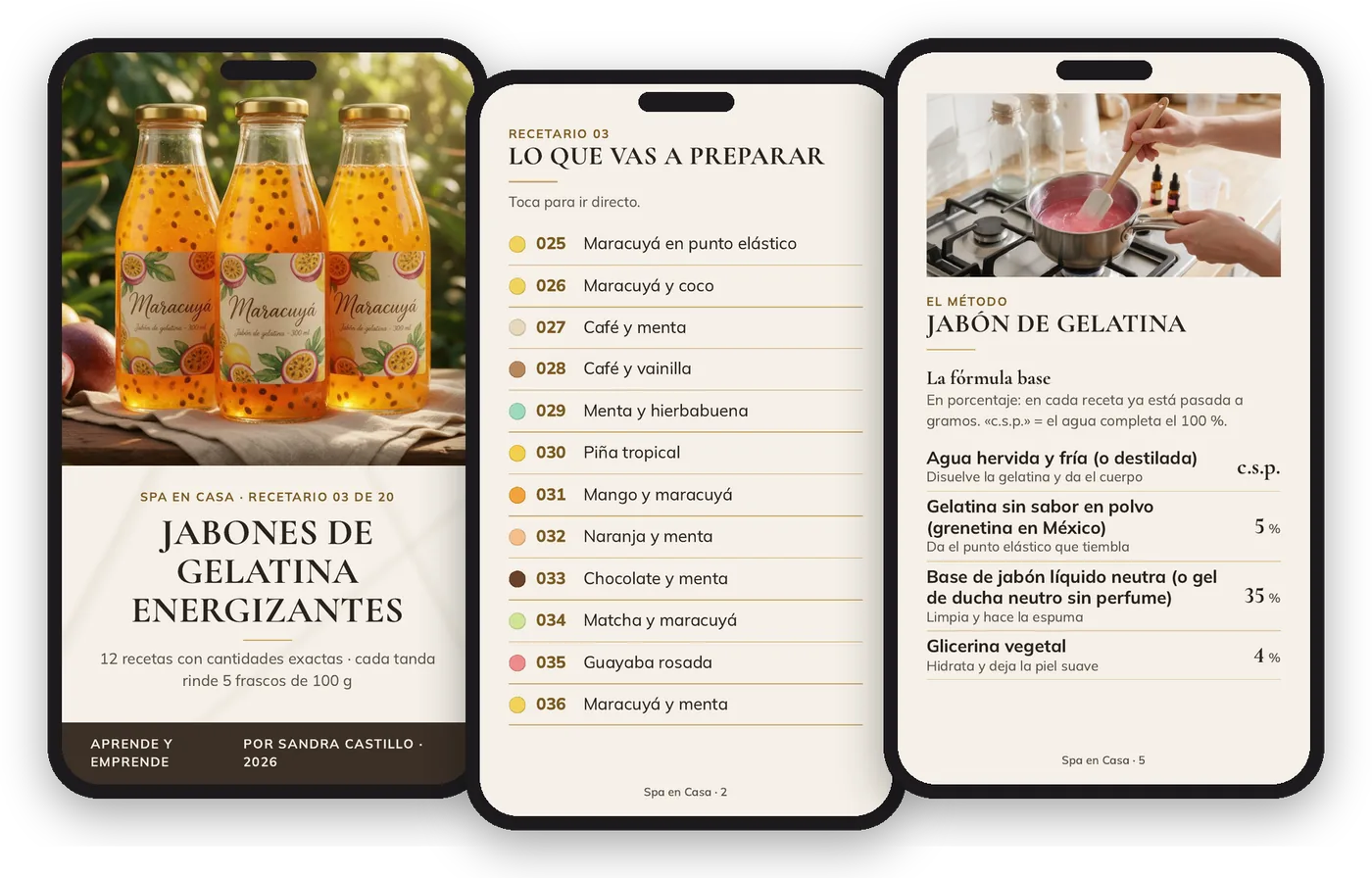 Páginas reales del recetario en el celular: portada, índice de recetas y el método