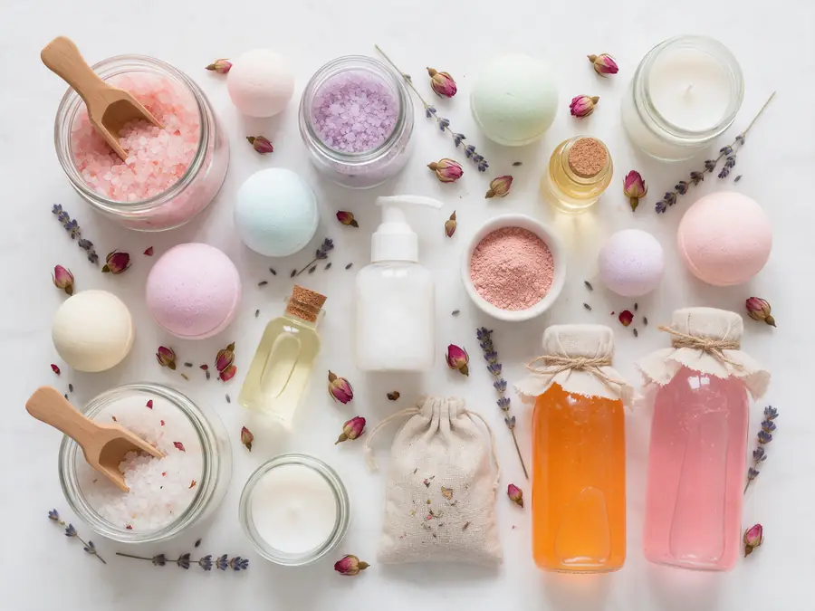 Colección de spa casero: sales, bombas, aceites, espuma, velas, arcilla y jabones