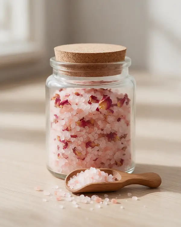 Sales de baño rosadas con pétalos